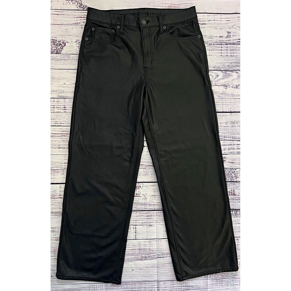 American Eagle Black Stovepipe Coated Wide Leg Pants Stretch Pockets 6/Short